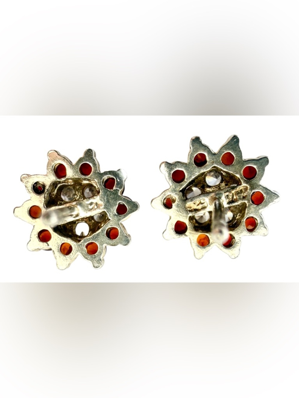 925 Sterling Silver Garnet & White Topaz Pierced Earrings Vintage - Picture 8 of 8